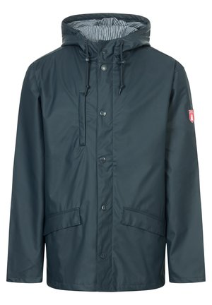 Dunkelblauer wasserdichter Jacke mit Kapuze, Knopfleiste, zwei Vordertaschen und gestreiftem Innenfutter. Verfügt über verstellbare Kordelzüge.