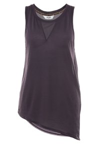 Ärmlös lila tank top med rund nacke och en lätt V-skärning framtill. Har en längre bakre söm och lättviktig tyg.