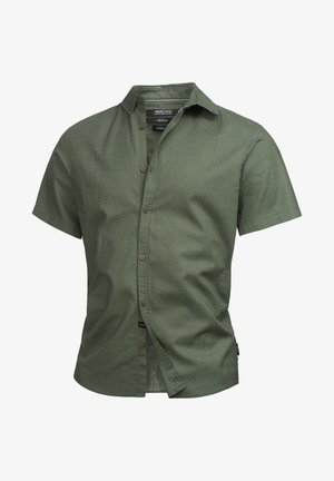 Short-sleeve, olive green linen shirt with a button-down collar, subtle texture, and front button closure. Tag visible inside collar.