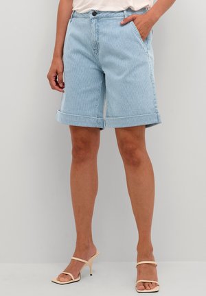 Light blue denim shorts with white vertical stripes, folded cuffs, and side pockets, featuring a button and zip closure at the waist.