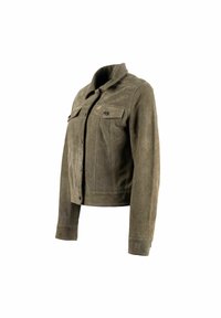 Olivgrüne Wildlederjacke mit Kragen, vorn mit Knopfverschluss und zwei Brusttaschen. Verfügt über ein kurzes Design und eine strukturierte Oberfläche.