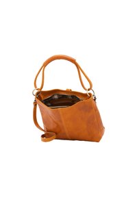 Orangefarbener Lederhandtasche mit strukturierter Form, ausgestattet mit verstellbaren Trägern und einem gefütterten Innenraum mit Taschen. Glatte Textur, minimales Zubehör.