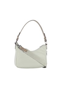 Borsa a spalla verde chiaro realizzata in morbido tessuto, con una forma curva, una tracolla beige rimovibile e dettagli in metallo argentato.