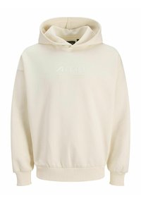 Crème-kleurige pullover hoodie met een voorzak, ribbelmanchetten en onderrand, met een reliëf merklogo op de borst. Zachte katoenen textuur.