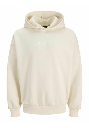 Kreemivärvi pullover kapuutsiga, millel on eesmine tasku, ribatakistused ja äär, ning kaheksakujuline brändi logo rindkerel. Sile puuvilla tekstuur.