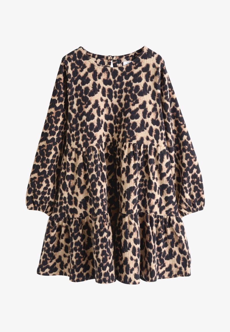 Robe à manches longues pour tout-petit avec taille froncée, motif léopard beige et noir, col rond et fermeture par boutons dans le dos.