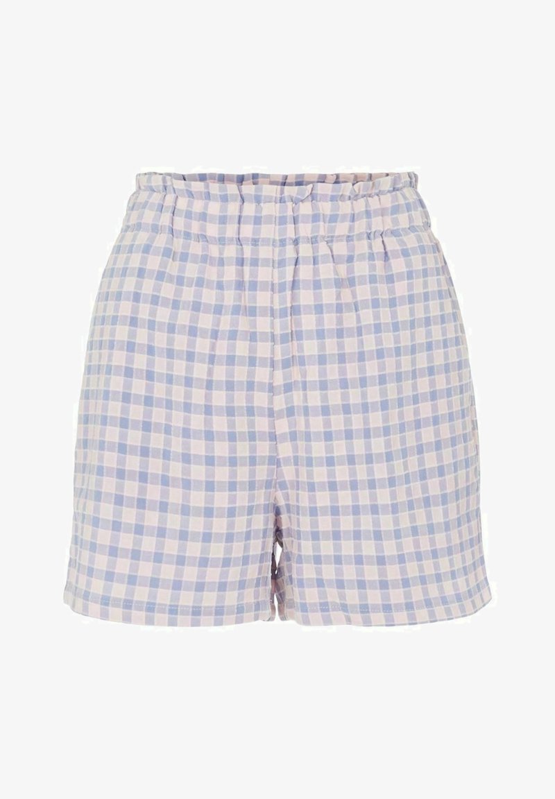Shorts à taille élastique à carreaux violet clair et blanc, coupe décontractée et texture de tissu douce.