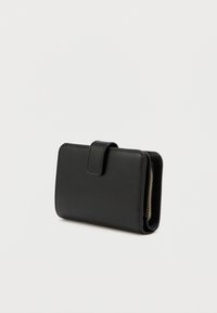 Black wallet made of textured leather, featuring a rectangular shape, zip closure, and a magnetic flap. No visible patterns or hardware details.