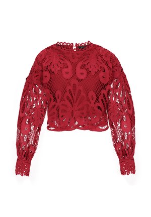 Punane lühikeste varrukatega pitsseelik, millel on pikad varrukad, keerukate lillemustrite ja kõrge kaelusega, mille servad on kaunistatud laineliste äärtega.