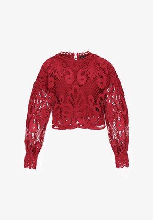 Rød kortlagt blonde top med lange ærmer, prydet med indviklede blomstermønstre og en høj halsudskæring, detalje med bølgede kanter.