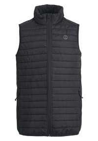 Black quilted sleeveless vest with front zipper, high collar, zippered side pockets, and small round logo on chest.
