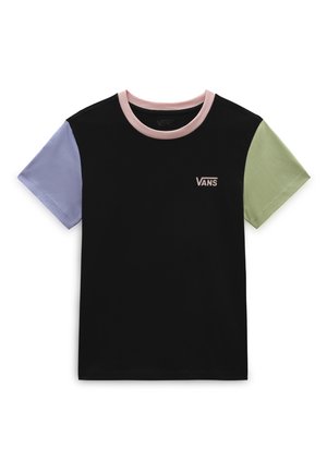 Czarny t-shirt Vans z lawendowym lewym rękawem, jasnym zielonym prawym rękawem i różowym kołnierzem, z małym logo Vans na piersi.