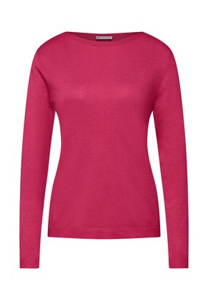 Roze langharige trui van glad gebreide stof, met een ronde halslijn en geribde manchetten. Klassiek en getailleerd ontwerp.