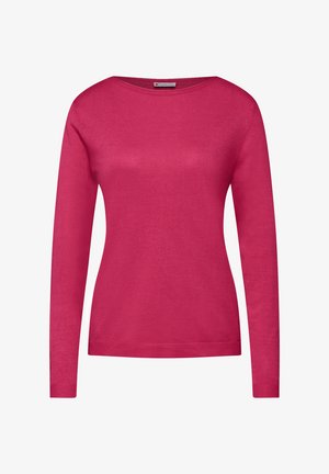 Rosa Langarmpullover aus glattem Strickstoff, mit Rundhalsausschnitt und gerippten Bündchen. Klassisches und figurbetontes Design.