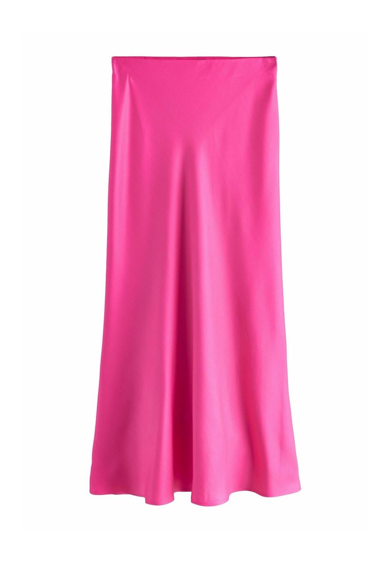 Jupe longue en satin rose avec une texture lisse et un design fluide. La taille est structurée, créant une silhouette élégante.