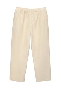 Beige ribfluwelen broek met een elastische tailleband, voorzien van zijzakken en een ontspannen, wijde pasvorm. Gestructureerd verticaal ribpatroon.