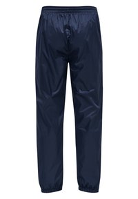 Marinblå vattentäta byxor i smidig nylon, med elastisk midja och elastiska muddar vid anklarna. Baksidan visas.