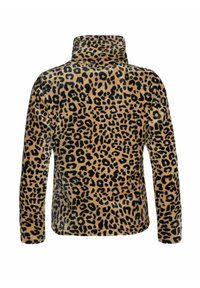 Pullover in felpa con stampa leopardata, caratterizzato da un collo alto, maniche lunghe e una superficie morbida e texturizzata nei colori beige e nero.