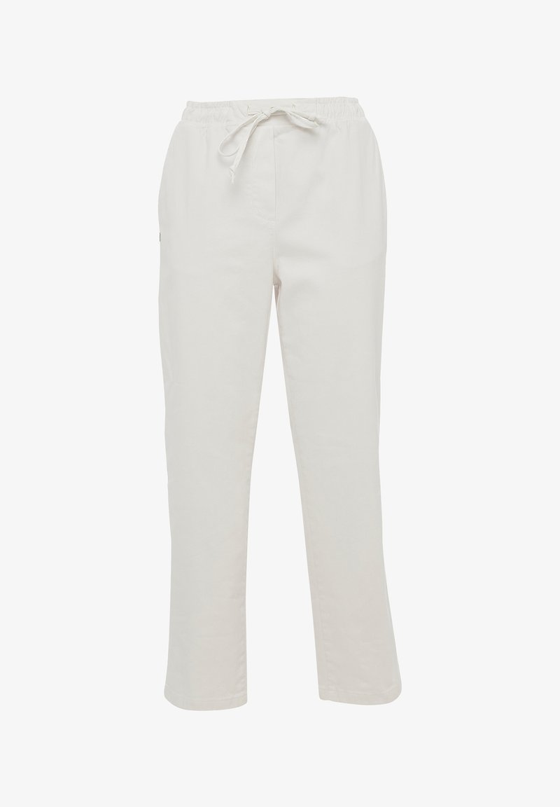 Pantaloni in cotone beige chiaro con vita elasticizzata e coulisse, caratterizzati da gambe dritte e senza motivi o accenti prominenti.