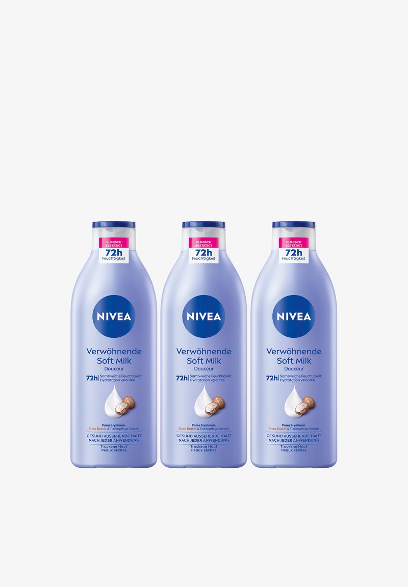 Three NIVEA Verwöhnende Soft Milk lotion bottles with 72h moisture claim and shea butter illustration on light purple packaging.