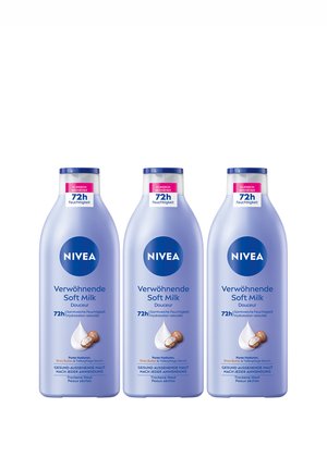 Drei Flaschen NIVEA Verwöhnende Soft Milk Lotion mit 72 Stunden Feuchtigkeit, Sheabutter und Hyaluron-Serum für trockene Haut.