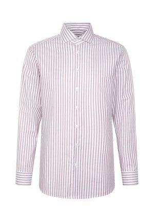 Koszula na guziki w pionowe paski w kolorze różowym i białym, z długimi rękawami, szpiczastym kołnierzykiem oraz gładkim, lekkim materiałem.