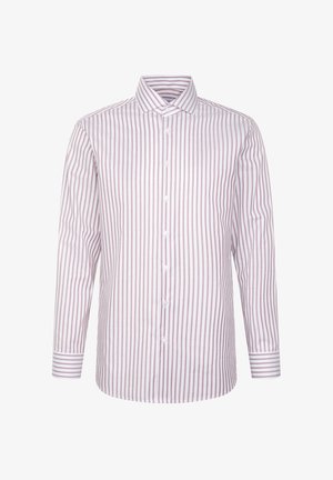 Koszula na guziki w pionowe paski w kolorze różowym i białym, z długimi rękawami, szpiczastym kołnierzykiem oraz gładkim, lekkim materiałem.