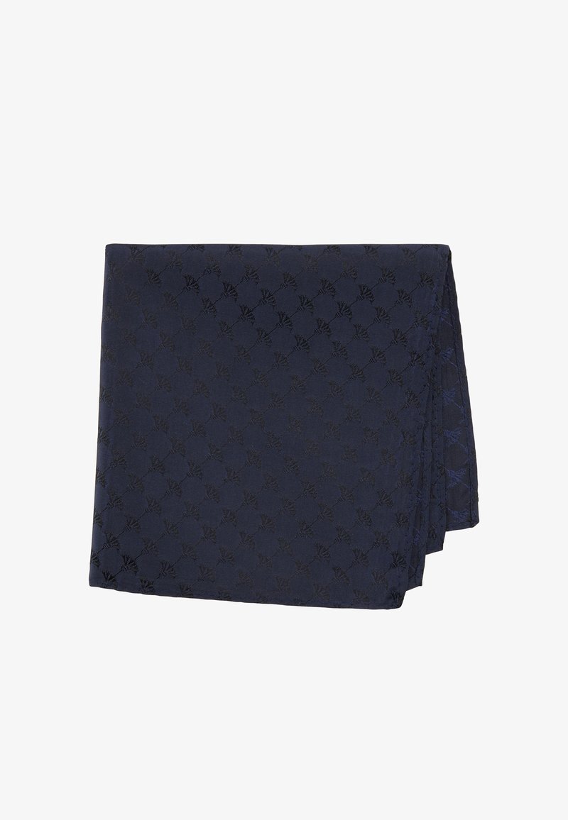 Écharpe bleu marine pliée avec un subtil motif jacquard floral sur un fond blanc.