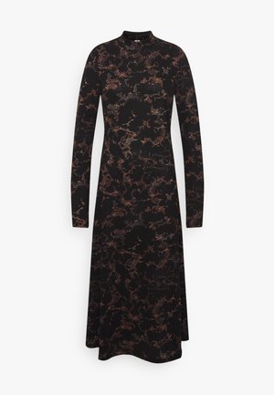 Robe midi noire à manches longues, col montant et motif floral abstrait brun à pois, cintrée à la taille et légèrement évasée à l'ourlet.