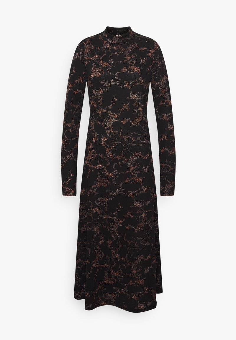 Robe midi noire à manches longues, col montant et motif floral abstrait brun à pois, cintrée à la taille et légèrement évasée à l'ourlet.