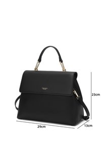 Black handbag with a structured design, top handle, and adjustable shoulder strap. Features gold hardware and dimensions of 29cm x 23cm x 13cm.