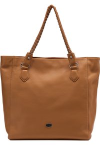 Borsa a tracolla in pelle marrone con finitura testurizzata. Presenta manici intrecciati e accenti in metallo argentato. Design senza chiusura con ampio spazio.