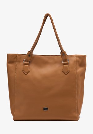 Brown leather tote bag with a textured finish. Features braided handles and silver hardware accents. Open-top design with ample space.