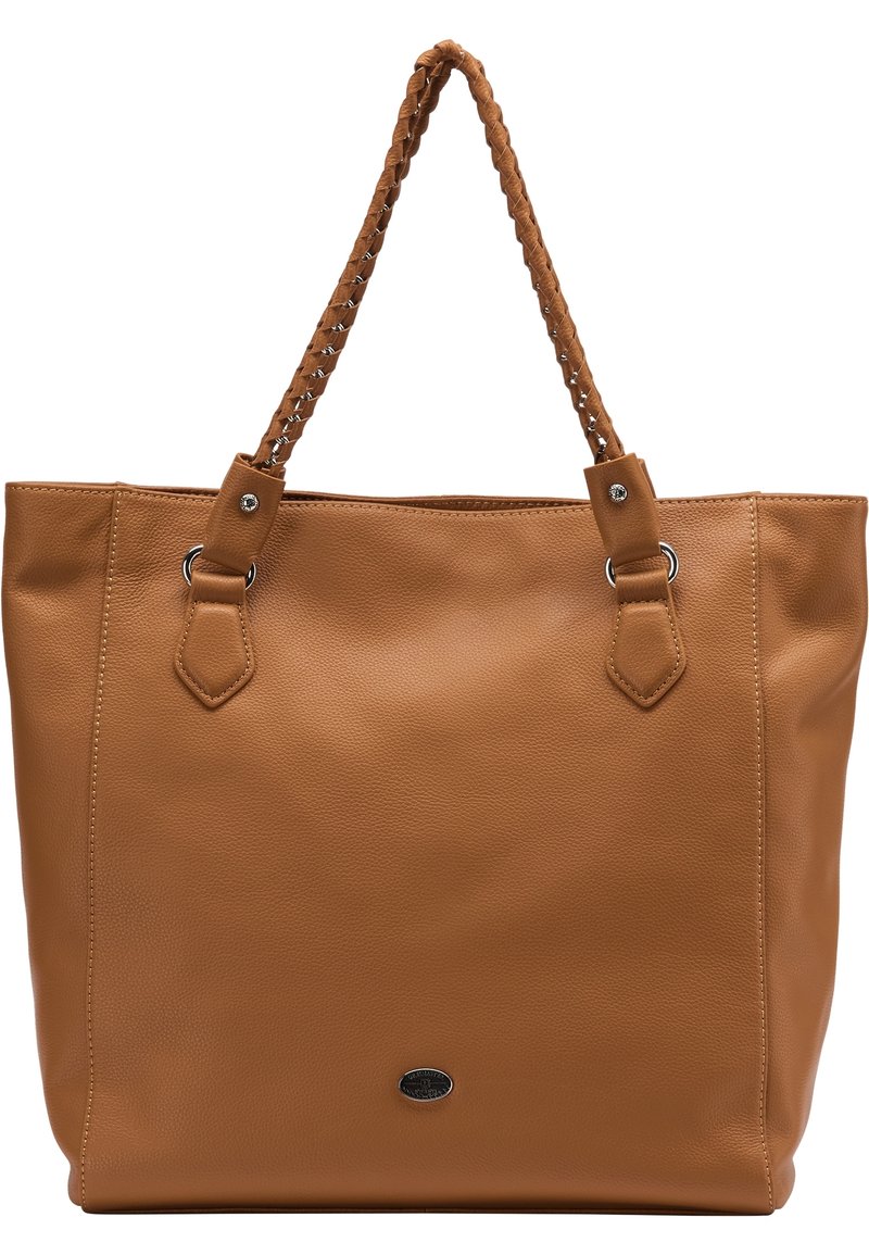 Borsa a tracolla in pelle marrone con finitura testurizzata. Presenta manici intrecciati e accenti in metallo argentato. Design senza chiusura con ampio spazio.