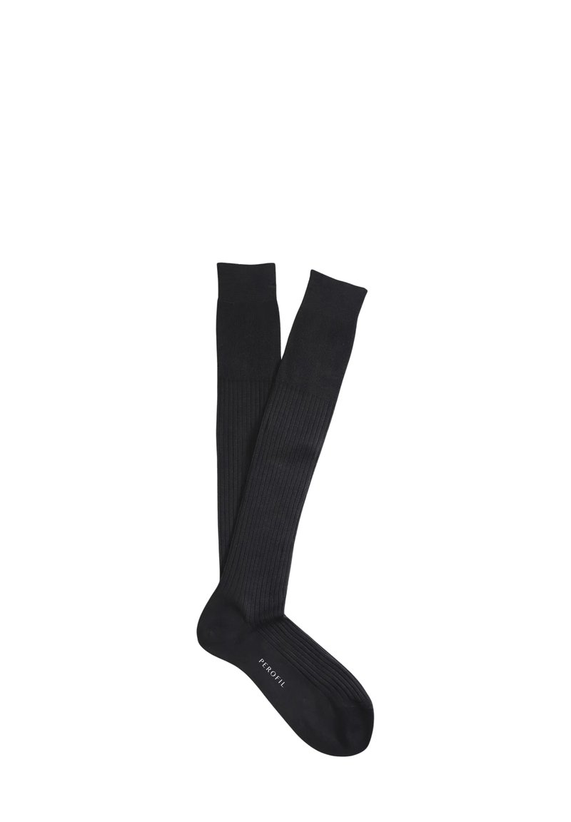 Calze nere fino al ginocchio realizzate in tessuto morbido, con un design a costine nella parte superiore e una sezione del piede uniforme, con il marchio sulla suola.