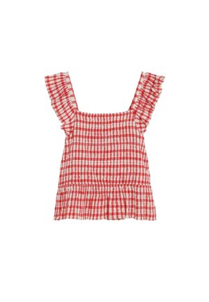 Top sin mangas a cuadros rojos y blancos con tirantes fruncidos y un cuerpo fruncido ligeramente acampanado.