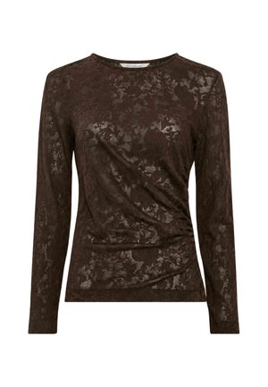 Dunkelbraunes langärmliges Spitzentop mit Blumenmuster und leichter Raffung auf einer Seite, rundem Ausschnitt und figurbetonter Silhouette.