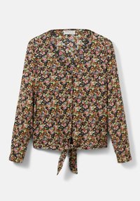 Blusa floreale nera con motivi rosa, arancioni e verdi. Maniche lunghe, scollo a V e dettaglio con nodo frontale in vita. Tessuto leggero.