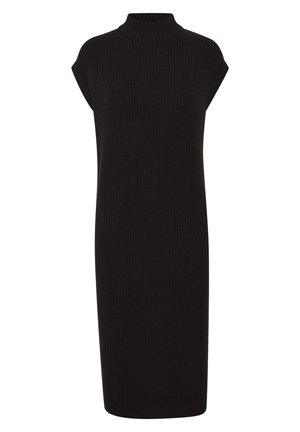 Zwart geribbeld gebreid jurkje met hoge hals en kapmouwtjes, met een getailleerde pasvorm en een knie-lange zoom. Zachte textuur en minimale afwerking.