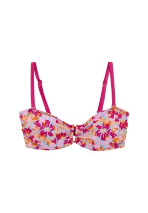 Różowy top od bikini z regulowanymi ramiączkami, marszczonym środkiem i żywym kwiatowym wzorem w odcieniach różu, pomarańczu i jasnoniebieskiego.