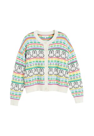 Meerleurige cardigan met een gebreid patroon van konijnen en bloemen, met een crèmekleurige basis, ronde hals en knoopsluiting aan de voorkant.