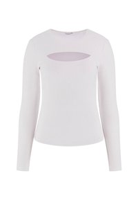 White long-sleeve top with ribbed texture, featuring a round neckline and a horizontal cut-out detail below the neckline.