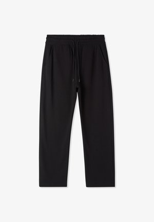 Pantaloni sportivi neri con cintura elastica, coulisse regolabile e tasche laterali; realizzati con un materiale liscio ed elastico.