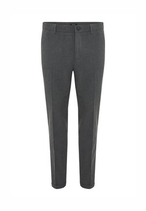 Gray tailored trousers with a fitted design, flat front, belt loops, and a single button closure. Material appears textured with a subtle pattern.