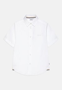 Witte kortekorte mouw shirt met een button-down kraag, voorzien van subtiele geborduurde "BOSS" logo en gestreepte accent aan de zoom.