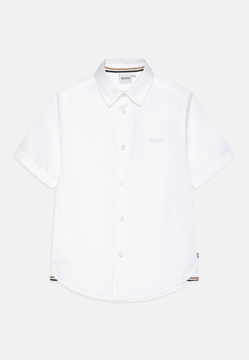Witte kortekorte mouw shirt met een button-down kraag, voorzien van subtiele geborduurde "BOSS" logo en gestreepte accent aan de zoom.