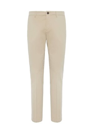 Beige chino pants with a straight leg design, button closure, flat front, and no visible patterns. Made of a smooth, lightweight fabric.