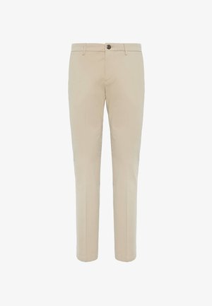 Pantalons chino beiges avec une coupe droite, fermeture à bouton, devant plat et sans motifs visibles. Fabriqués dans un tissu lisse et léger.