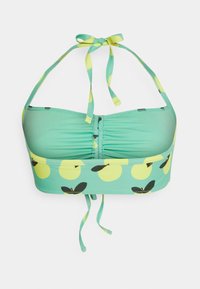 Top de bikini verde menta com estampado de maçã amarela, laços no pescoço, tecido franzido na parte da frente e alças nas costas ajustáveis.