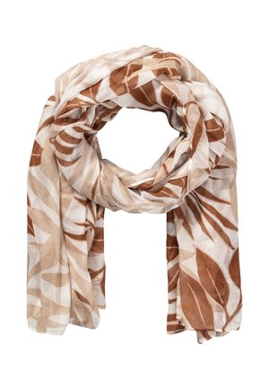 Lekki szalik z beżowymi, białymi i brązowymi abstrakcyjnymi wzorami liści, luźno zawiązany z końcami swobodnie zwisającymi.